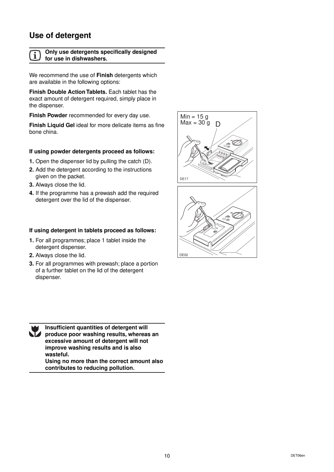 Zanussi DWS 935 manual Use of detergent, If using powder detergents proceed as follows 