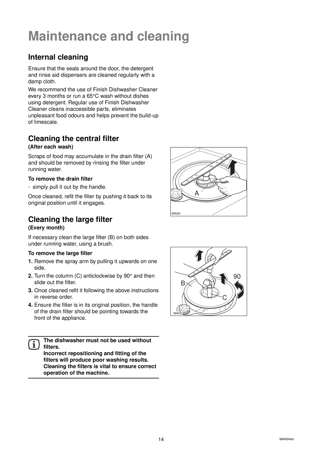 Zanussi DWS 935 manual Maintenance and cleaning, Internal cleaning, Cleaning the central filter, Cleaning the large filter 