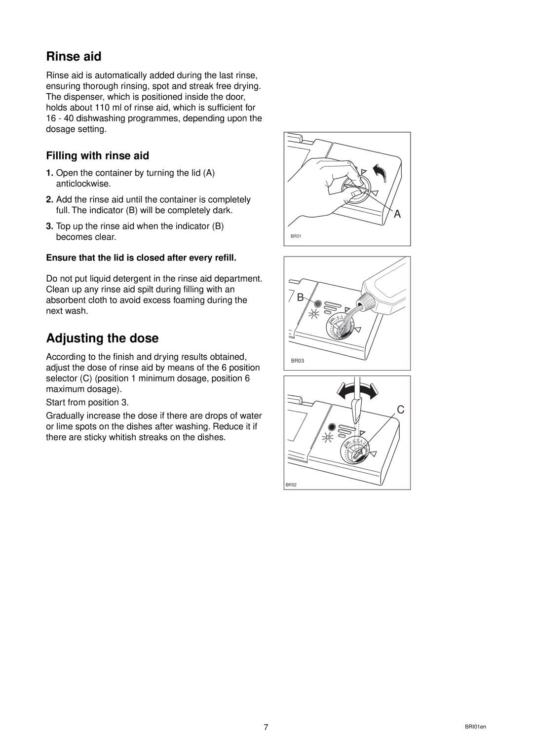 Zanussi DWS 935 manual Rinse aid, Adjusting the dose, Ensure that the lid is closed after every refill 