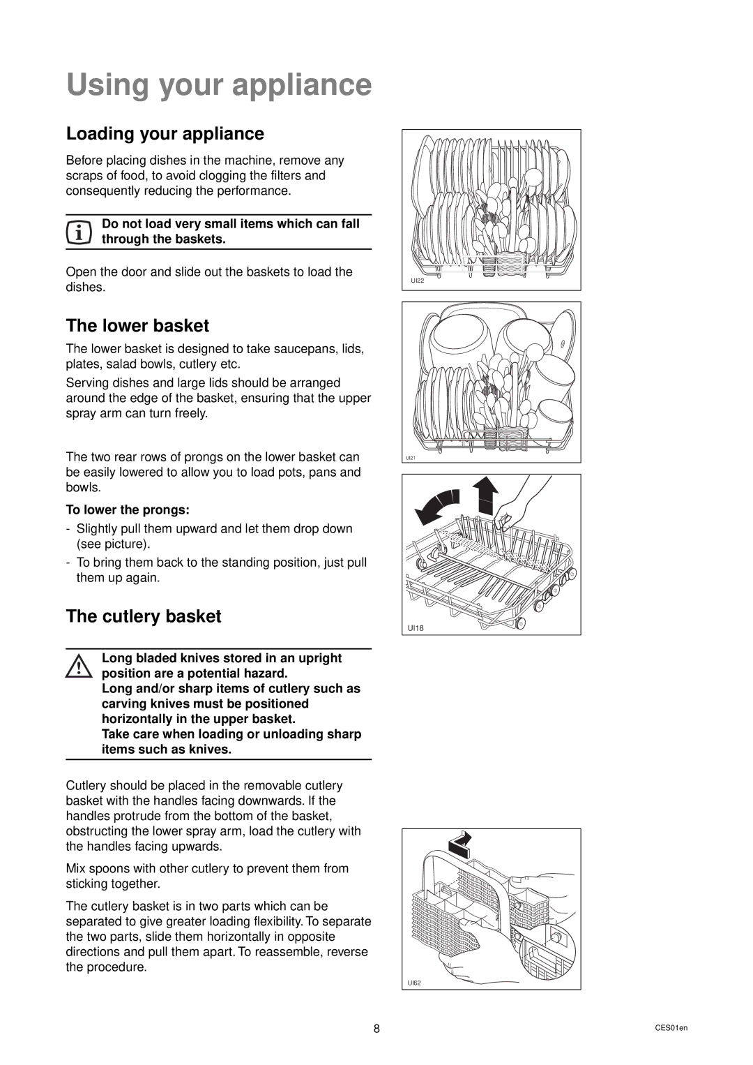 Zanussi DWS 935 manual Using your appliance, Loading your appliance, Lower basket, Cutlery basket, To lower the prongs 