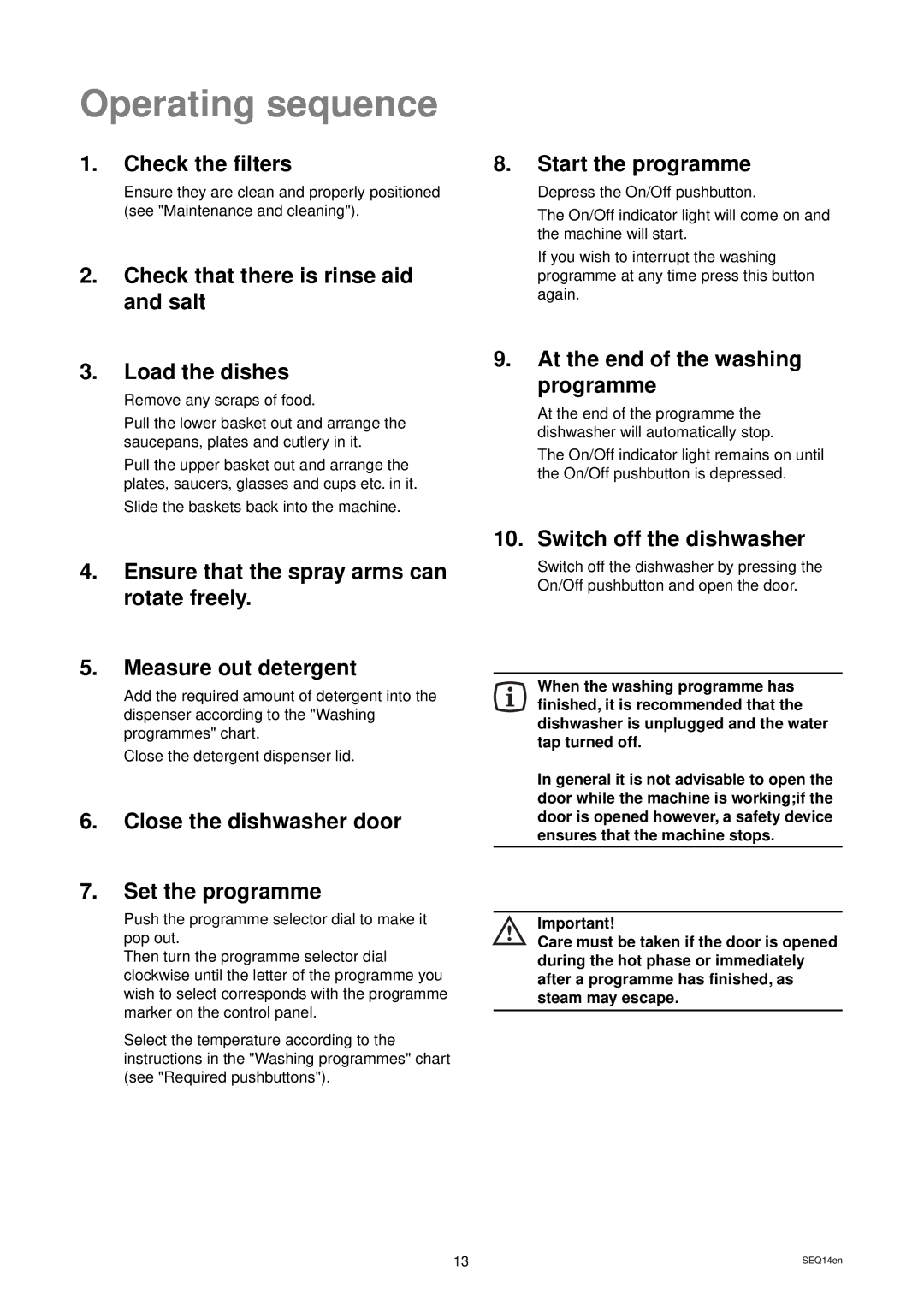 Zanussi DWS 939 manual Operating sequence 