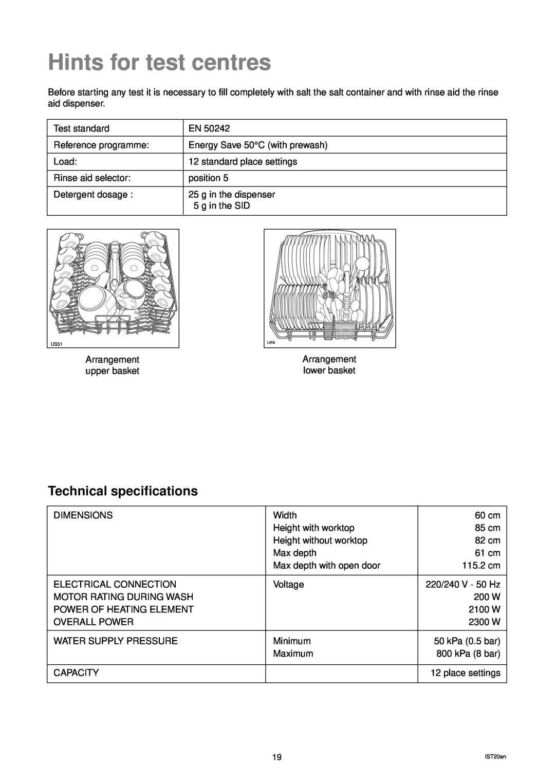 Zanussi DWS 949 manual Hints for test centres, Technical specifications 