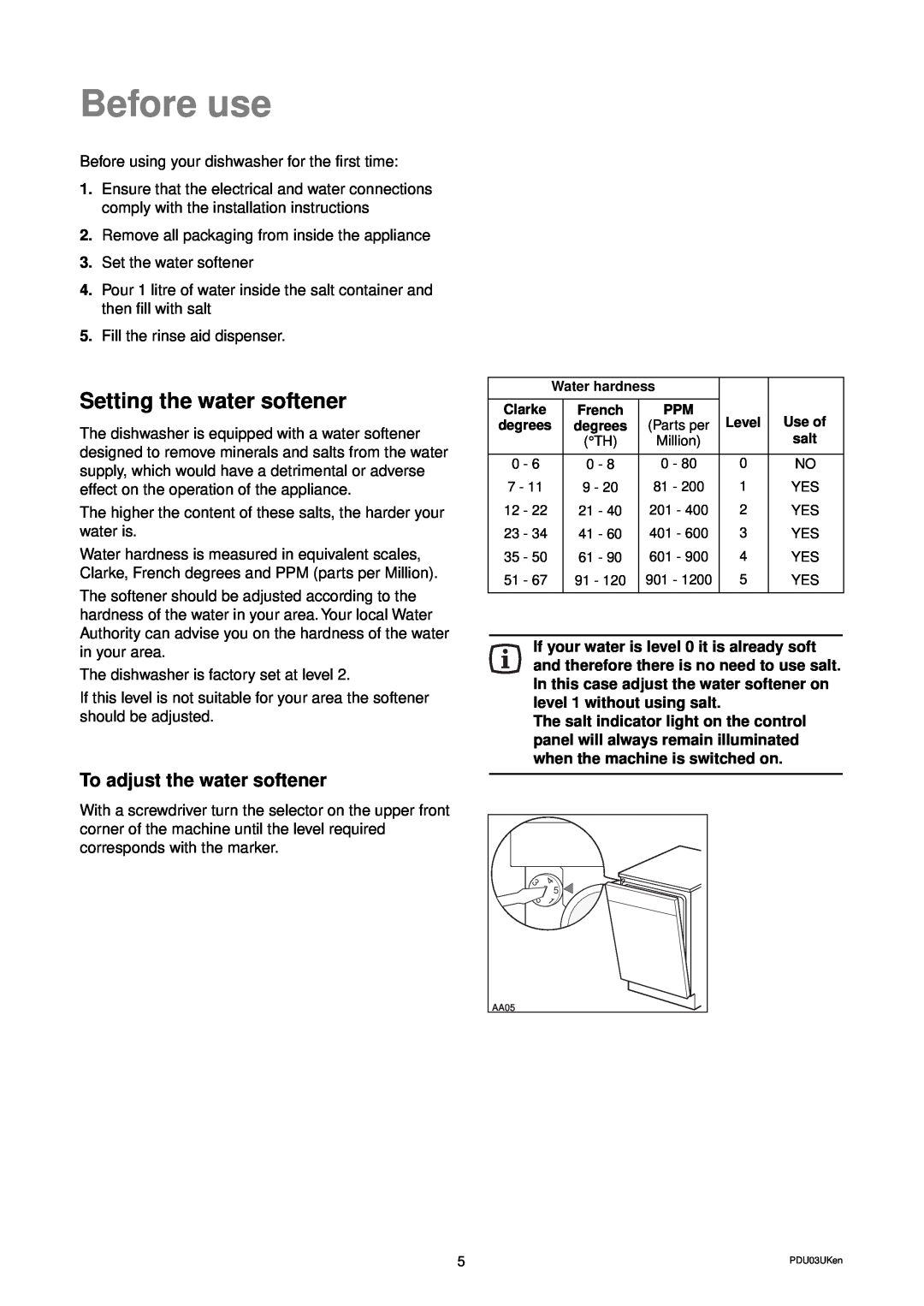 Zanussi DWS 949 manual Before use, Setting the water softener, To adjust the water softener 