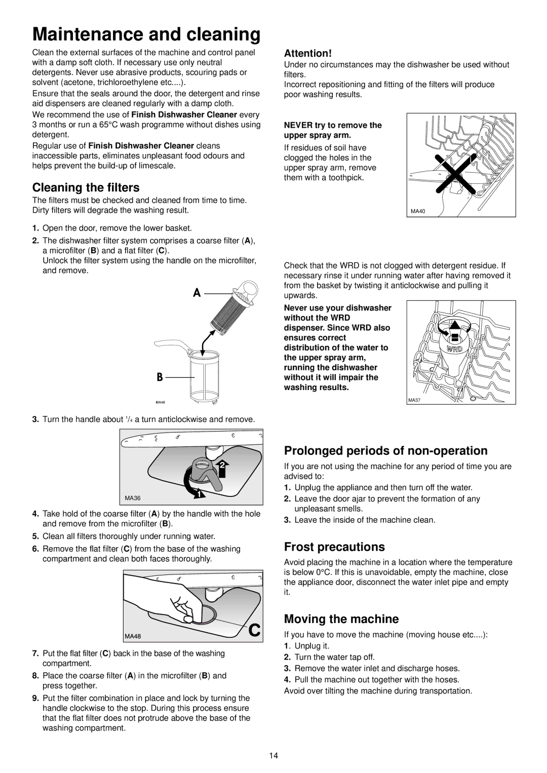 Zanussi DX 6450 Maintenance and cleaning, Cleaning the filters, Prolonged periods of non-operation, Frost precautions 