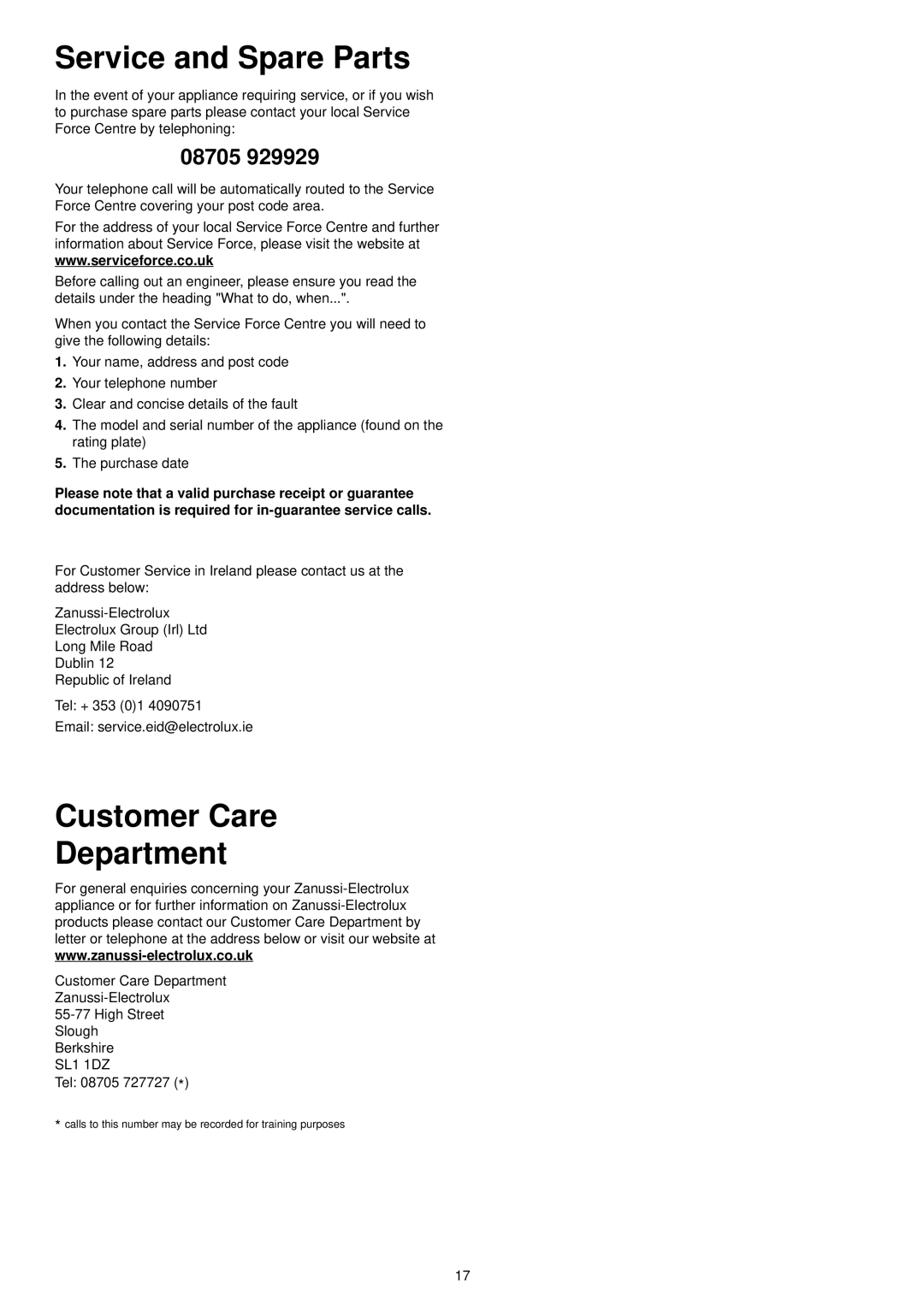 Zanussi DX 6450 manual Service and Spare Parts, Customer Care Department 