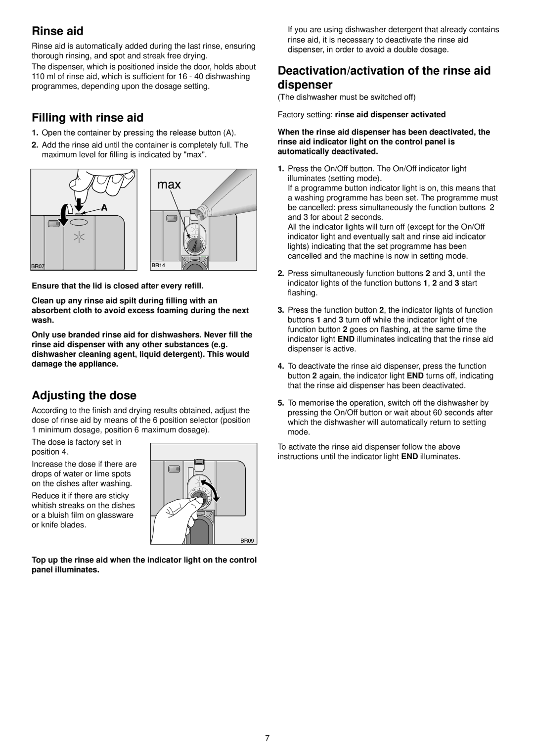 Zanussi DX 6450 Rinse aid, Filling with rinse aid, Adjusting the dose, Deactivation/activation of the rinse aid dispenser 