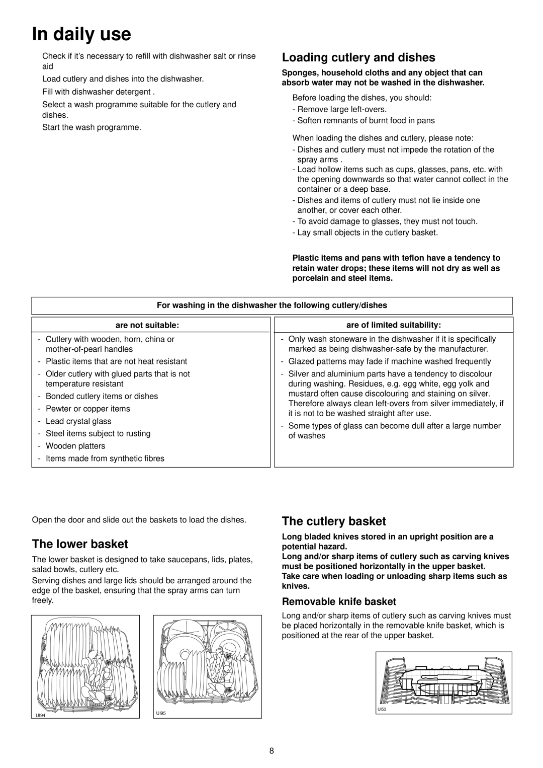 Zanussi DX 6450 manual Daily use, Loading cutlery and dishes, Lower basket, Cutlery basket, Removable knife basket 