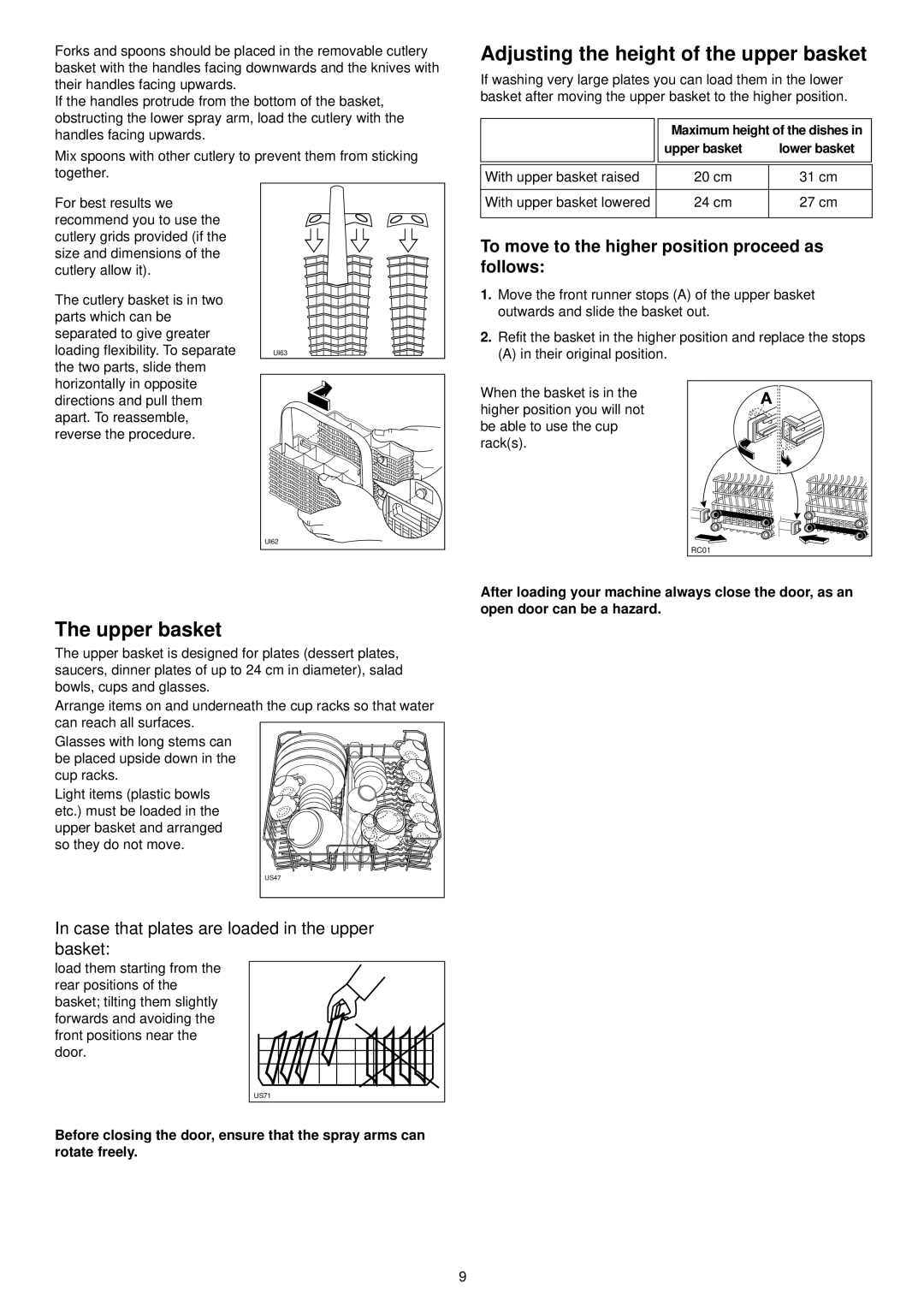 Zanussi DX 6450 Adjusting the height of the upper basket, Upper basket, To move to the higher position proceed as follows 