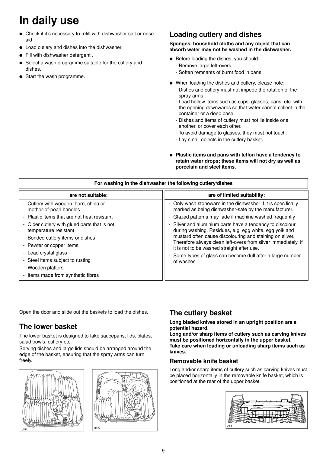 Zanussi DX 6452 manual Daily use, Loading cutlery and dishes, Lower basket, Cutlery basket, Removable knife basket 