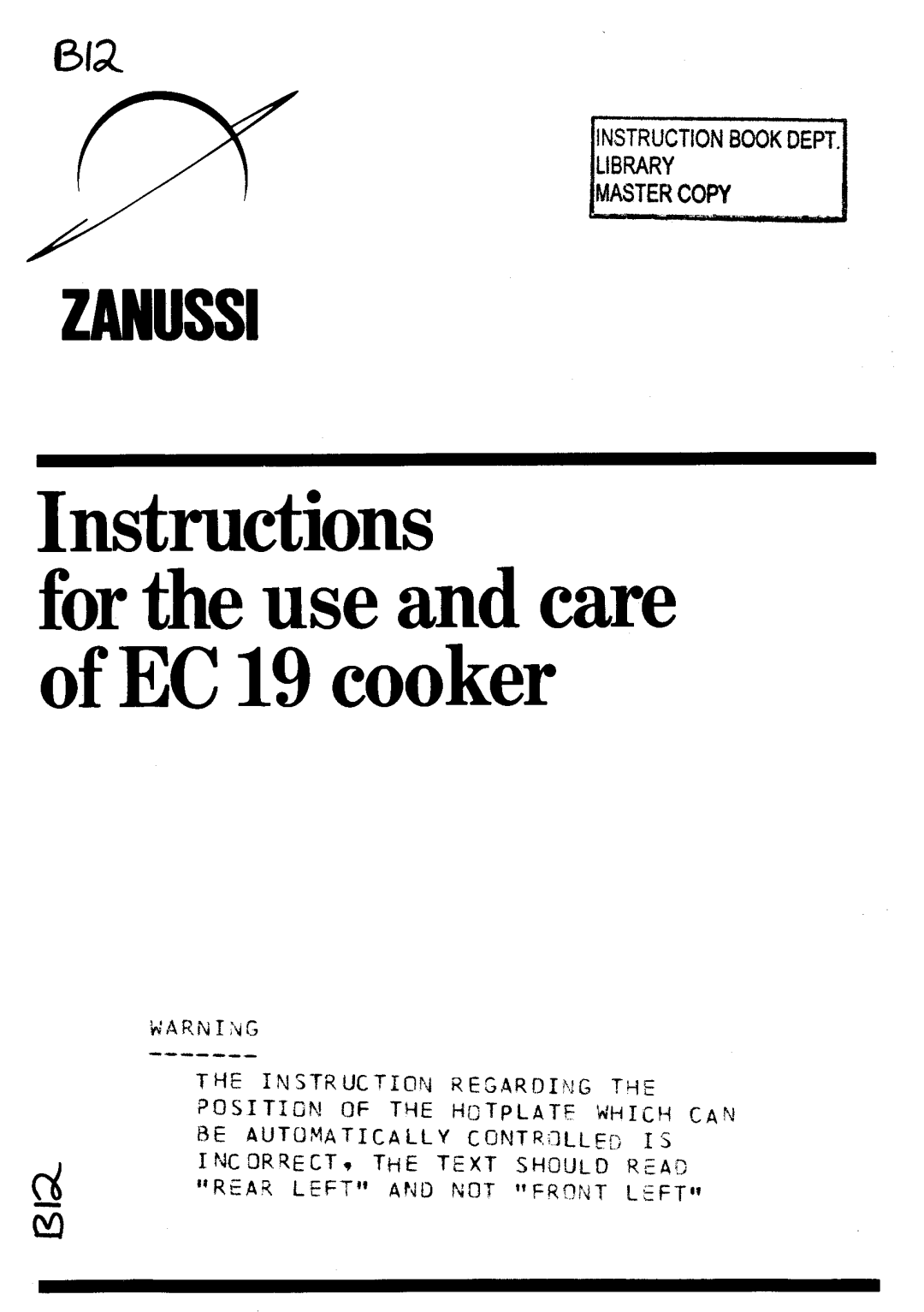 Zanussi EC19 manual 