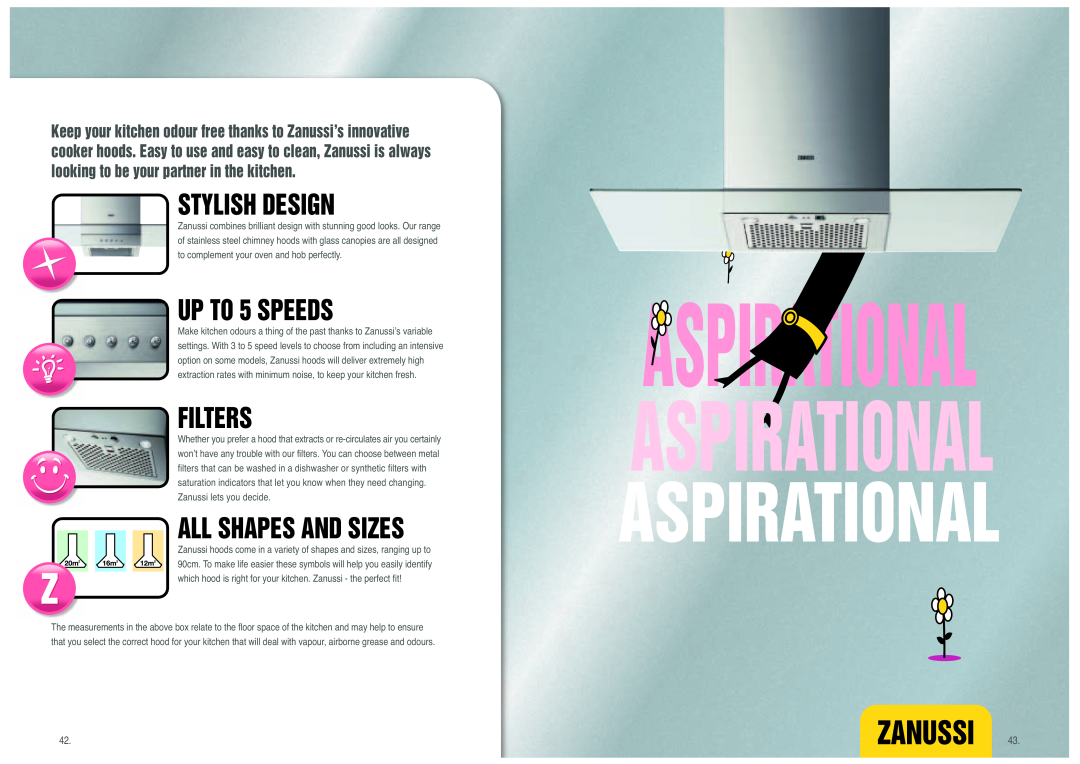 Zanussi EFC90001W, EFC90001X manual Aspirational, Zanussi, Stylish Design, UP TO 5 SPEEDS, Filters, All Shapes And Sizes 