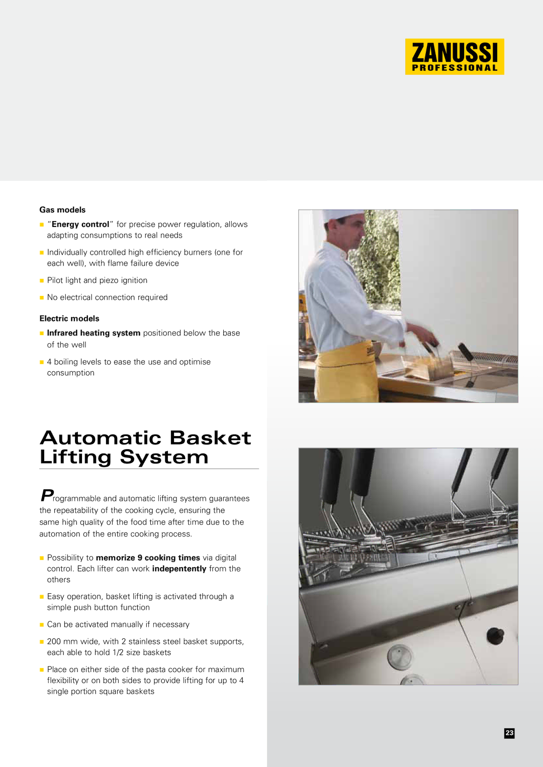 Zanussi EVO700 manual Automatic Basket Lifting System, Gas models 