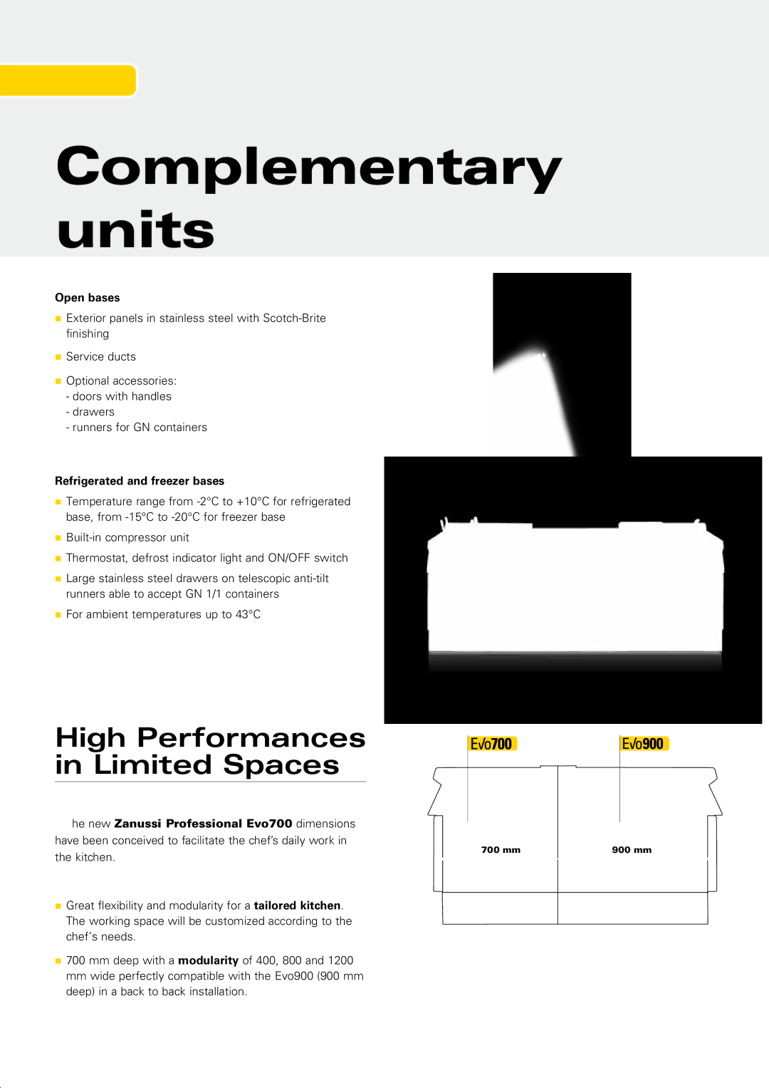 Zanussi EVO700 manual High Performances in Limited Spaces, Open bases, Refrigerated and freezer bases 