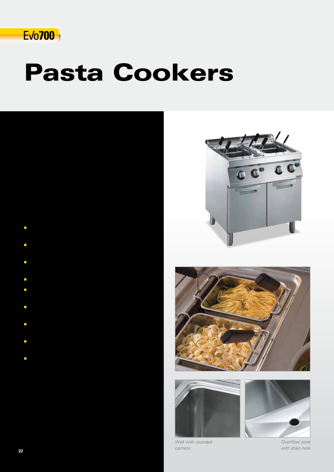 Zanussi EVO700 manual Pasta Cookers, Automatic basket lifting system optional 