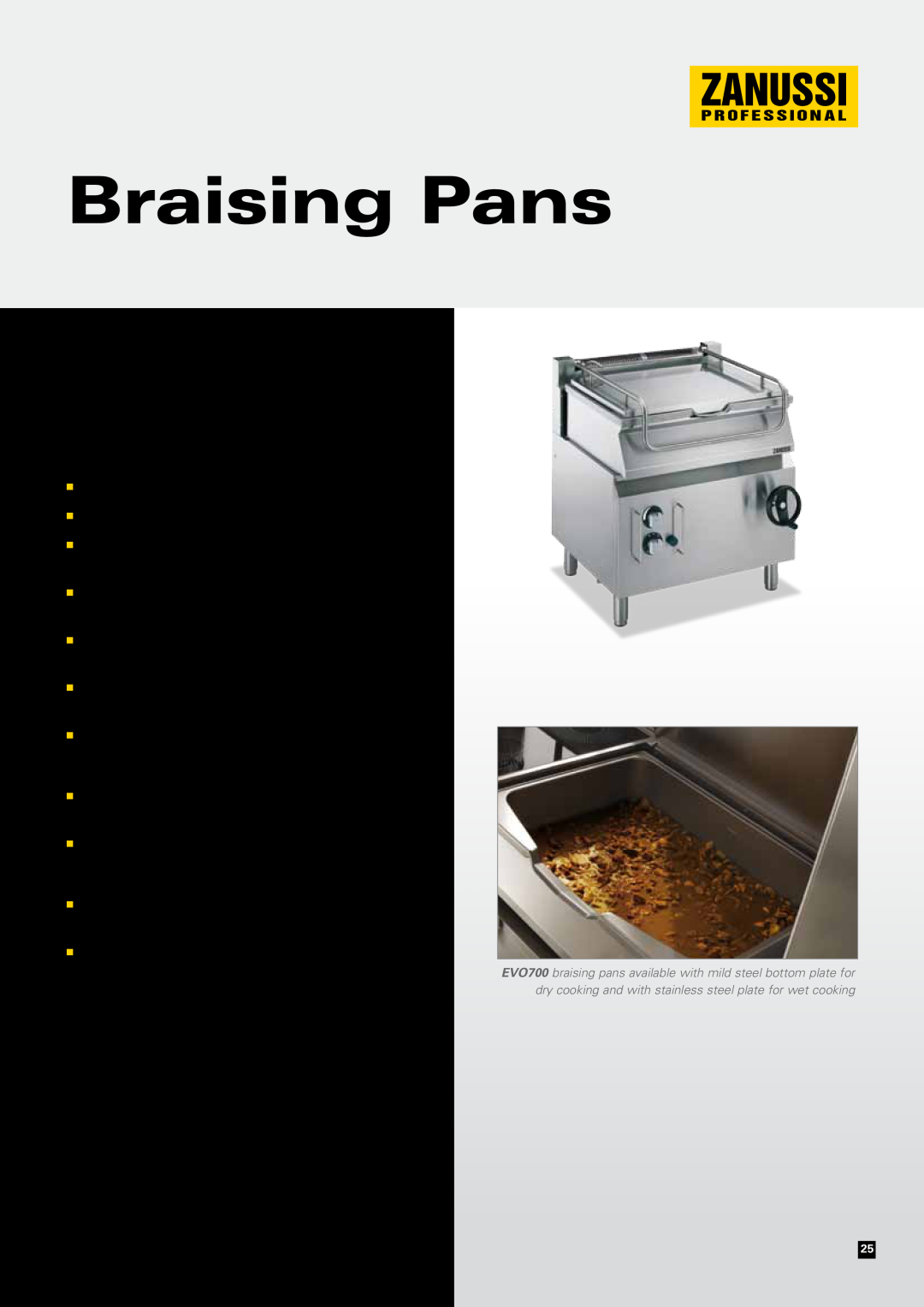 Zanussi EVO700 manual Braising Pans, Gas models, Electric models 