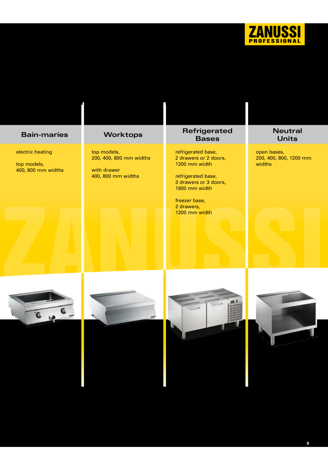 Zanussi EVO700 manual Bain-maries, Worktops, Refrigerated, Bases, Neutral Units, modular cooking line 