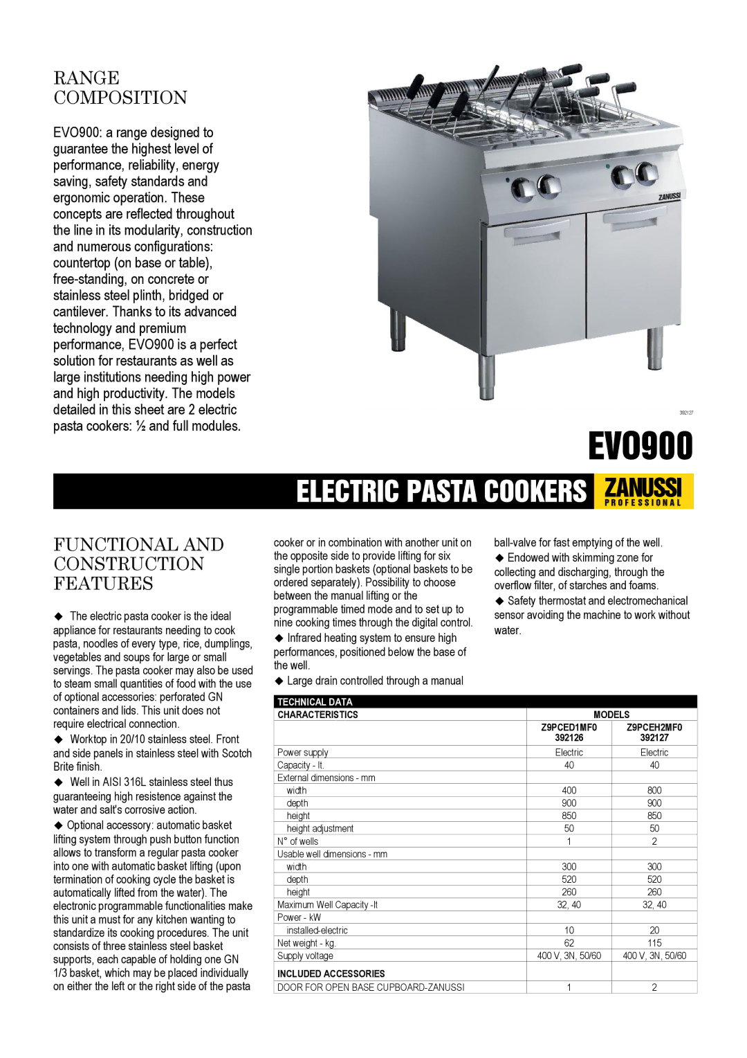 Zanussi 392127 dimensions EVO900 