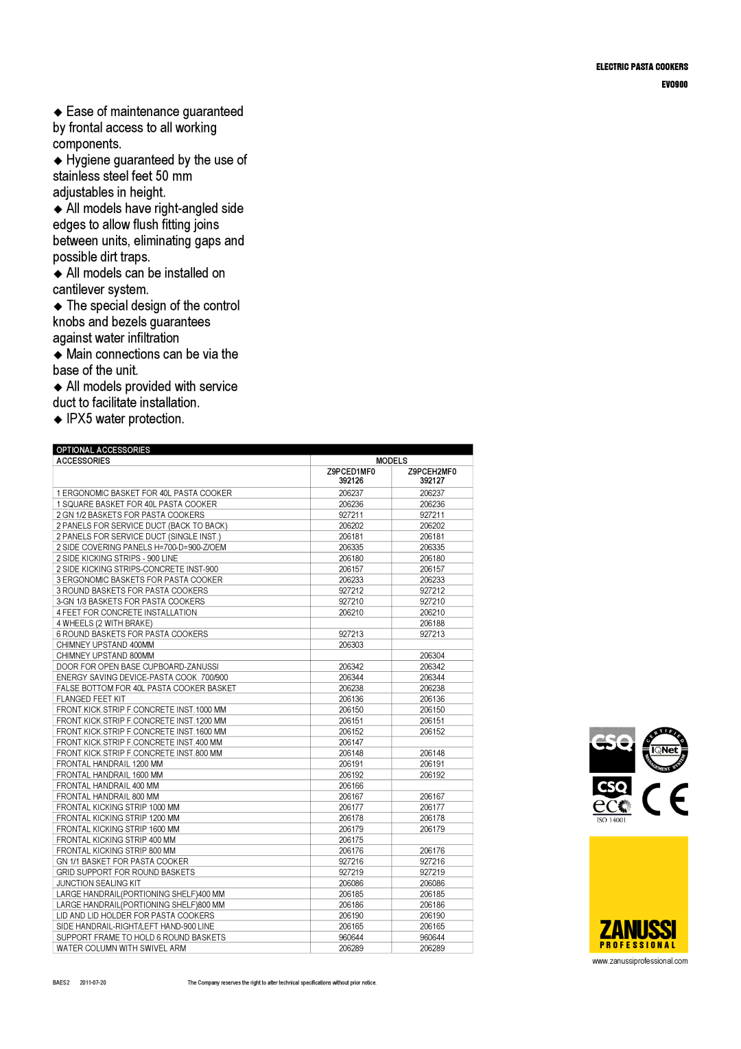 Zanussi EVO900, 392127 dimensions Zanussi 