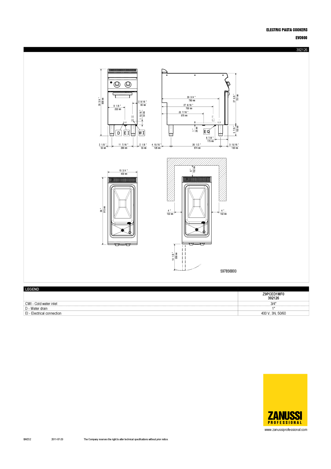 Zanussi 392127, EVO900 dimensions 392126 