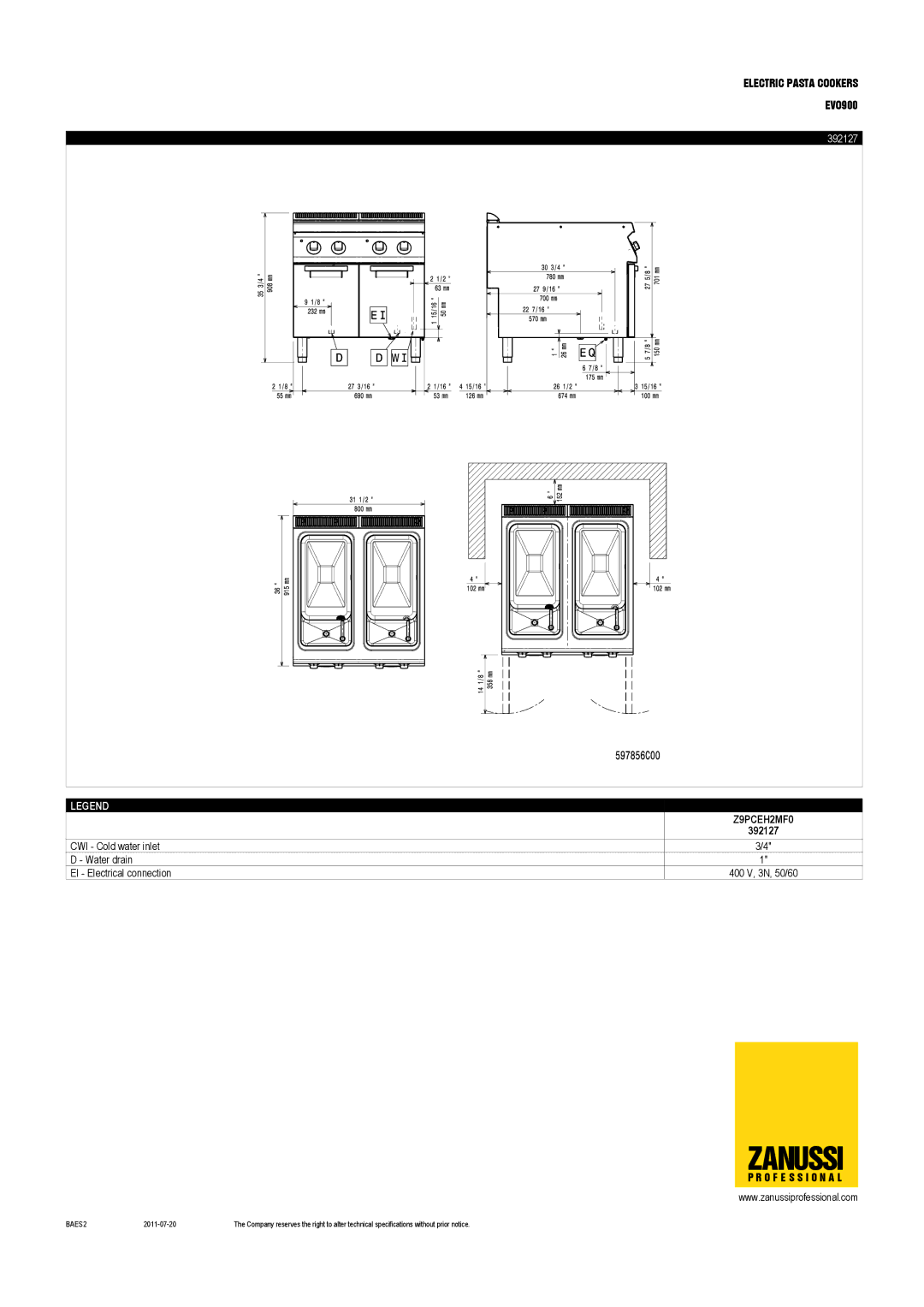 Zanussi EVO900 dimensions 392127 