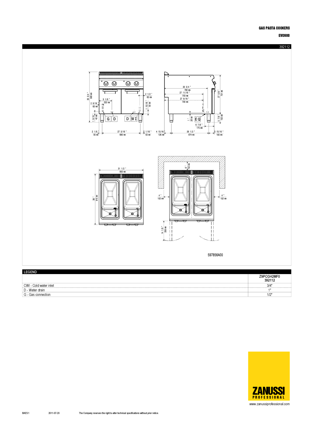 Zanussi EVO900 dimensions 392112 