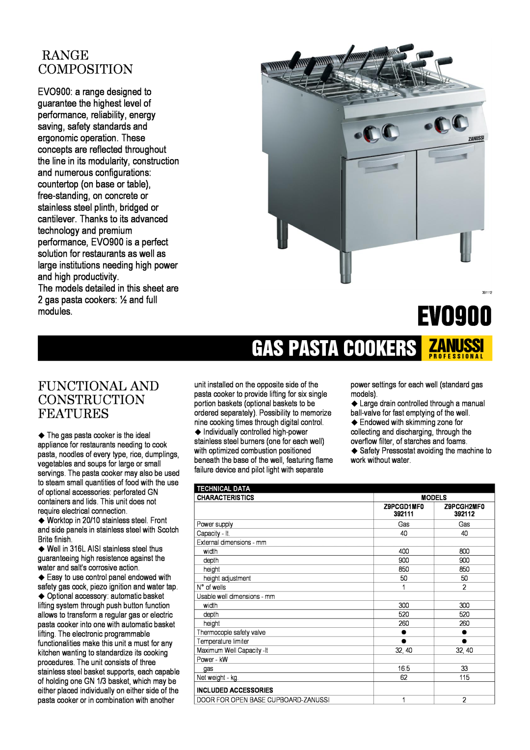 Zanussi EVO900 dimensions Range Composition, Functional And Construction Features 