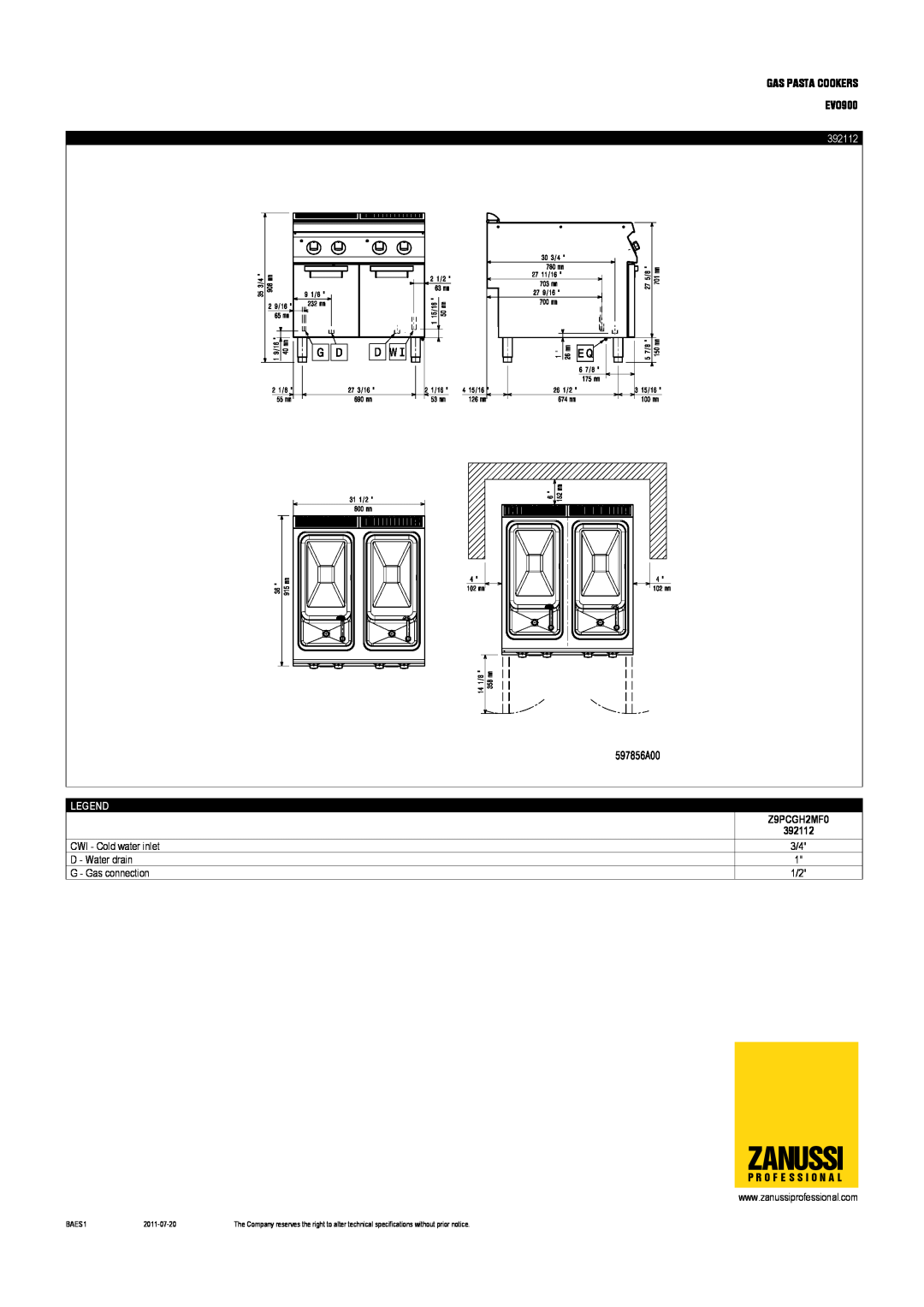 Zanussi EVO900 dimensions Zanussi, 392112, Z9PCGH2MF0, BAES1, 2011-07-20 