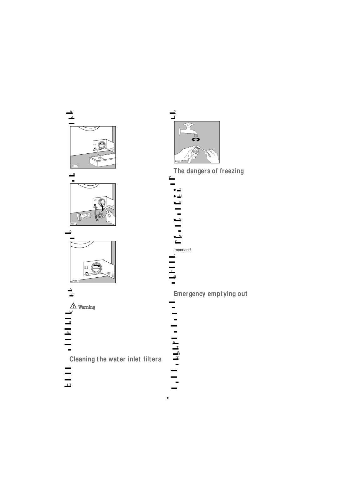 Zanussi F 1203 W manual Cleaning the water inlet filters, Emergency emptying out 