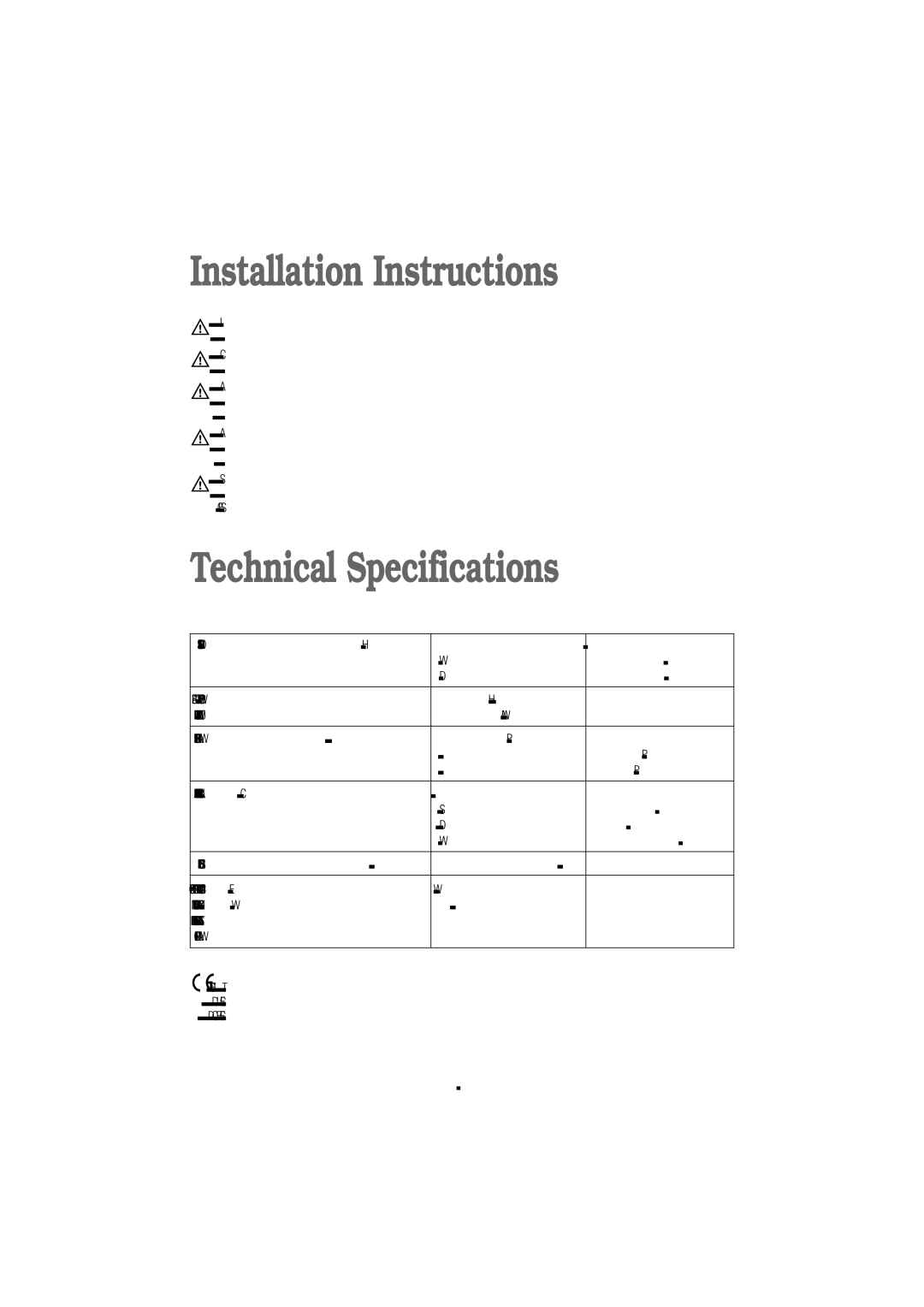 Zanussi F 1203 W manual Installation Instructions, Technical Specifications 