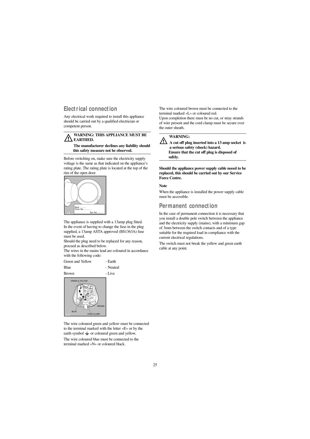 Zanussi F 1203 W manual Electrical connection, Permanent connection 