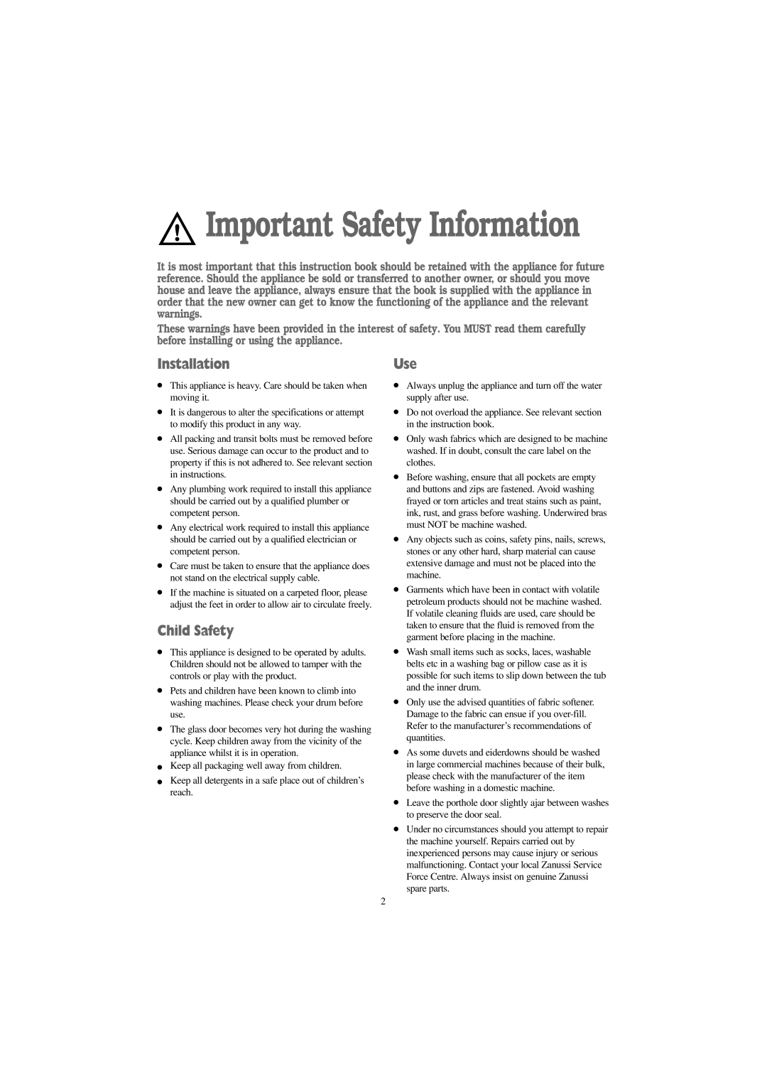 Zanussi F 1256 W manual Installation, Child Safety, Use 