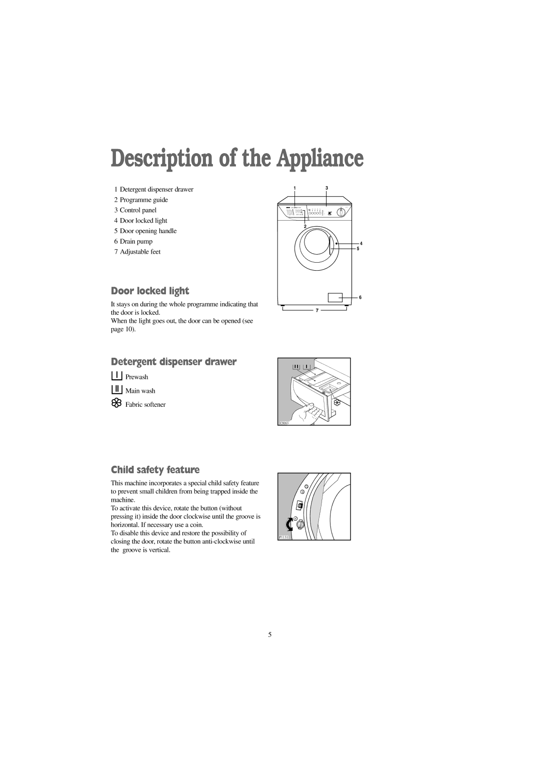 Zanussi F 1256 W manual Description of the Appliance, Door locked light, Detergent dispenser drawer, Child safety feature 