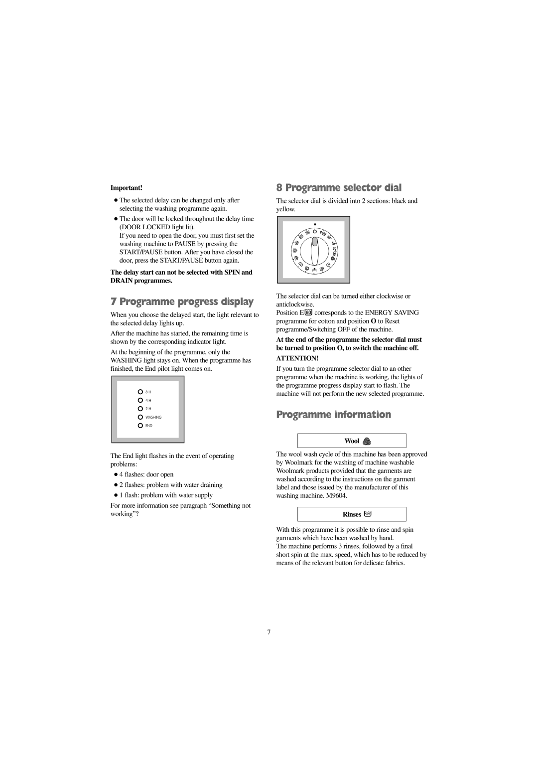 Zanussi F 1256 W manual Programme progress display, Programme selector dial, Programme information, Wool, Rinses 