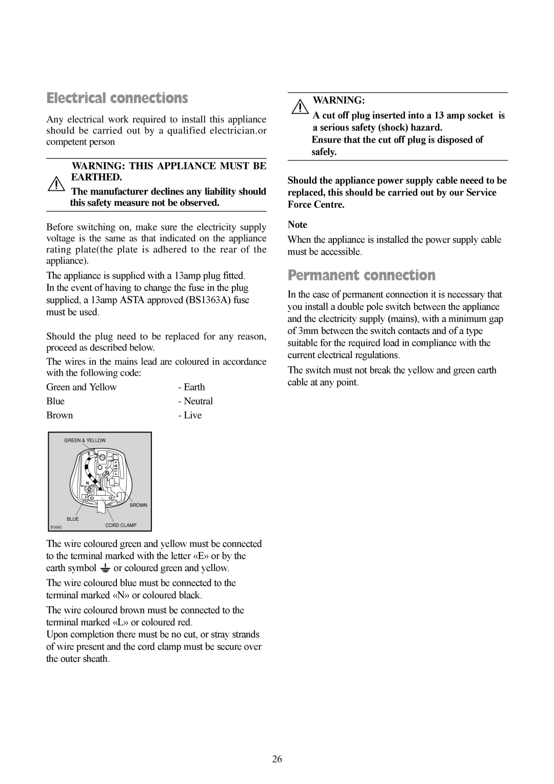 Zanussi F1003 W manual Electrical connections, Permanent connection 