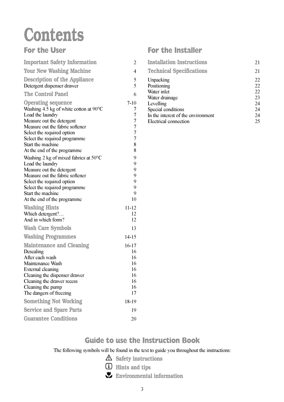 Zanussi F1003 W manual Contents 