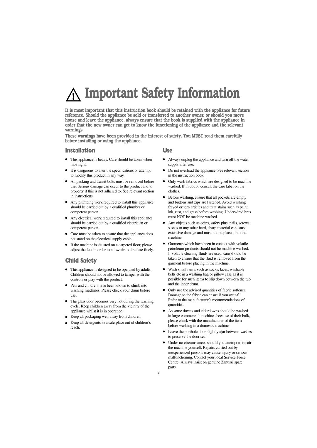 Zanussi F1245 W, F1045 W manual Installation, Child Safety, Use 