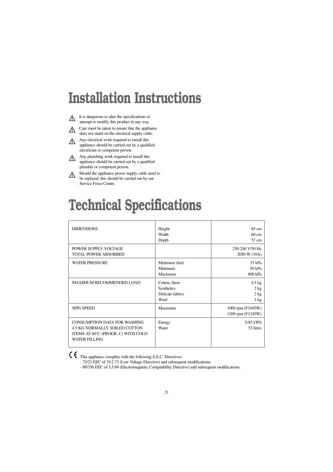 Zanussi F1045 W, F1245 W manual Installation Instructions, Technical Specifications 