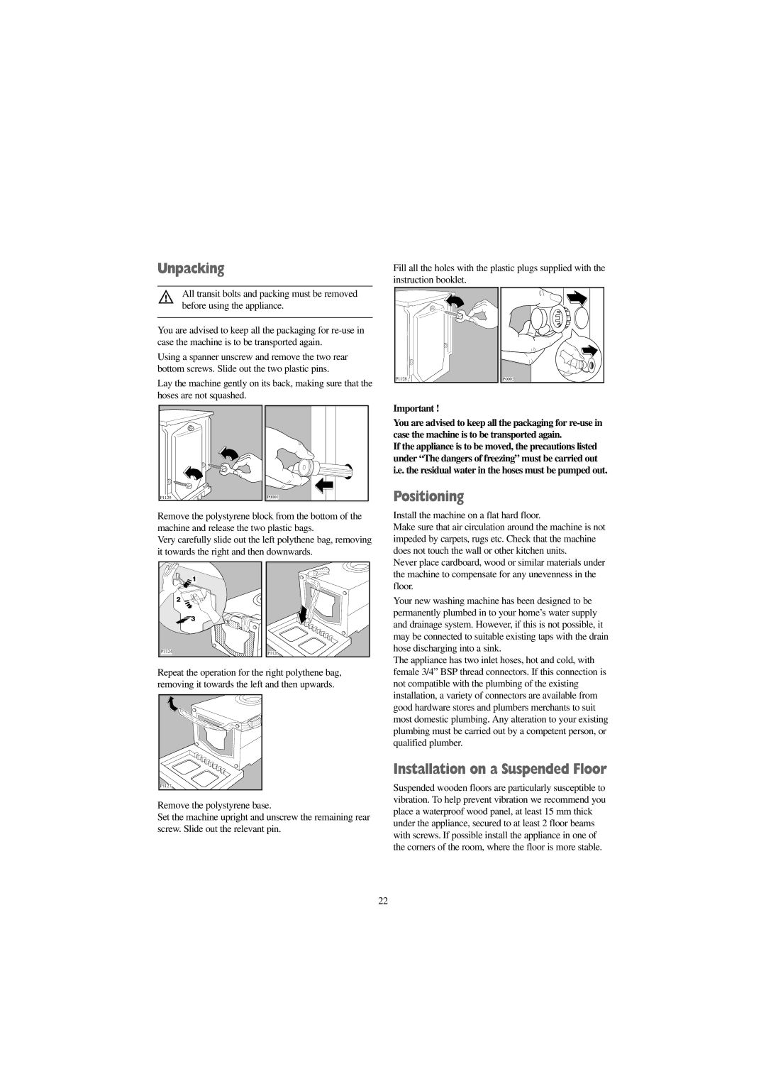 Zanussi F1245 W, F1045 W manual Unpacking, Positioning, Installation on a Suspended Floor 