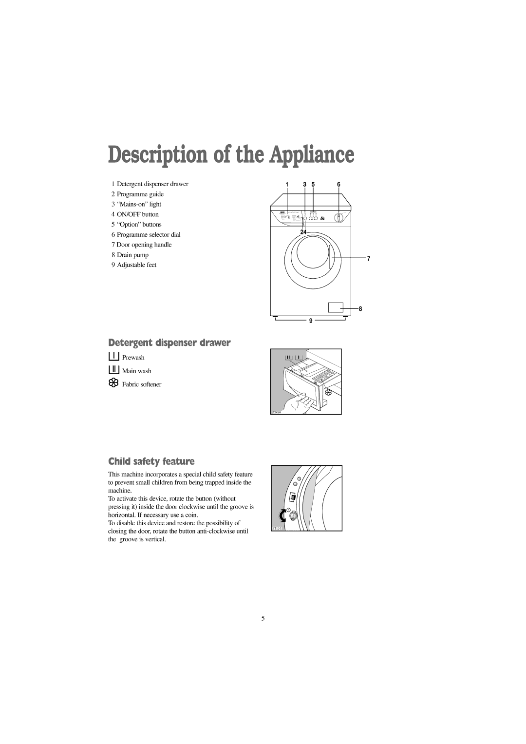 Zanussi F1045 W, F1245 W manual Description of the Appliance, Detergent dispenser drawer, Child safety feature 