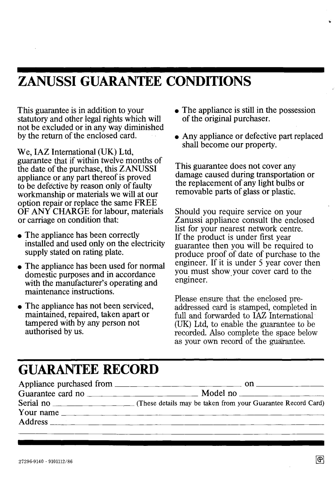 Zanussi FBi 624 manual 