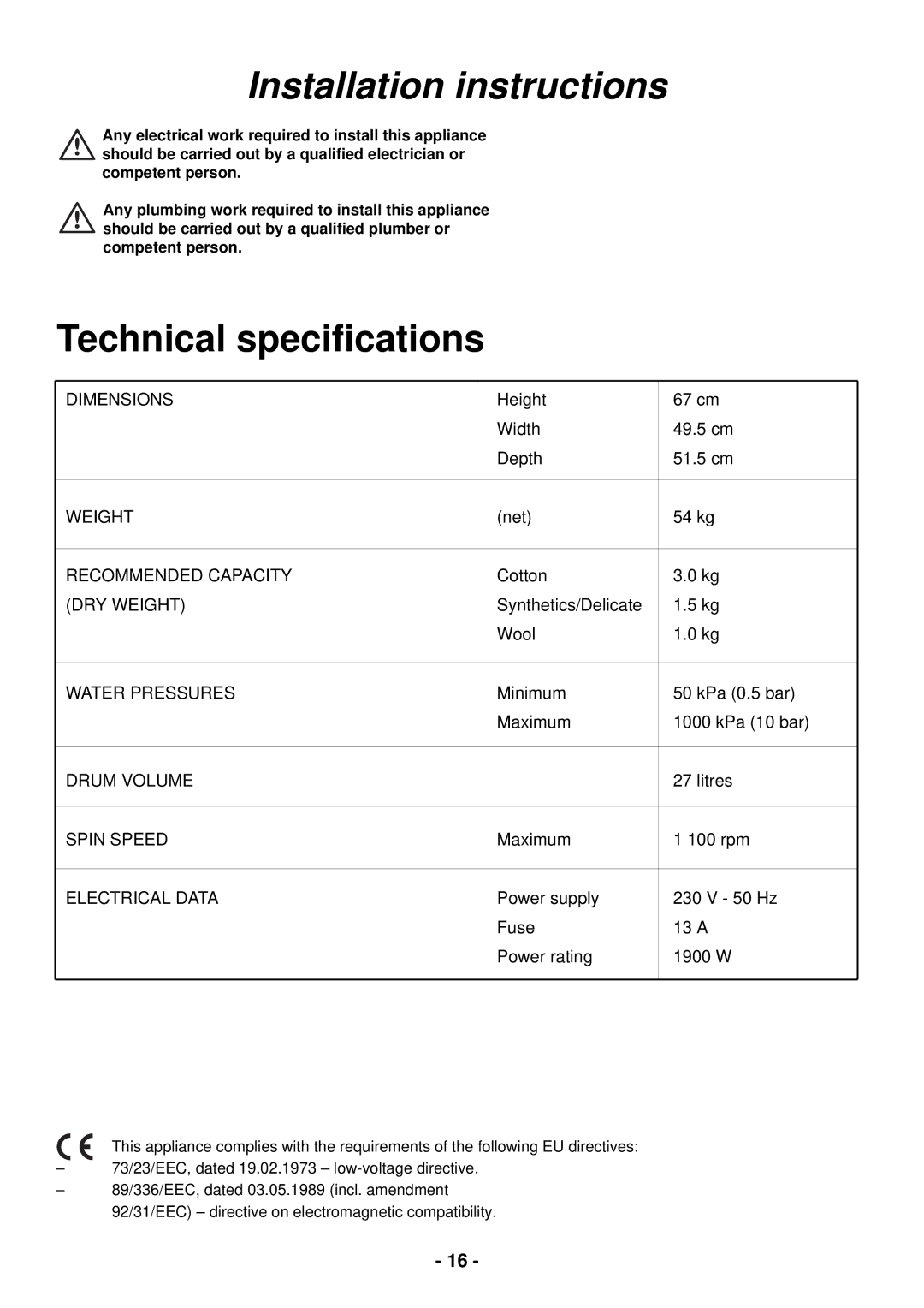 Zanussi FC 1200W manual Installation instructions, Technical specifications 