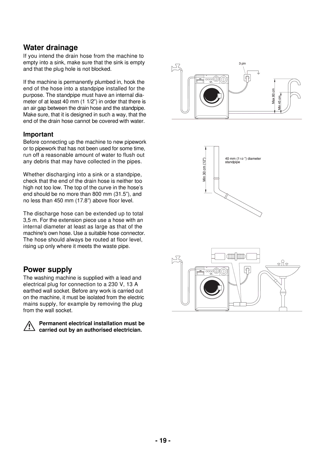 Zanussi FC 1200W manual Water drainage, Power supply 