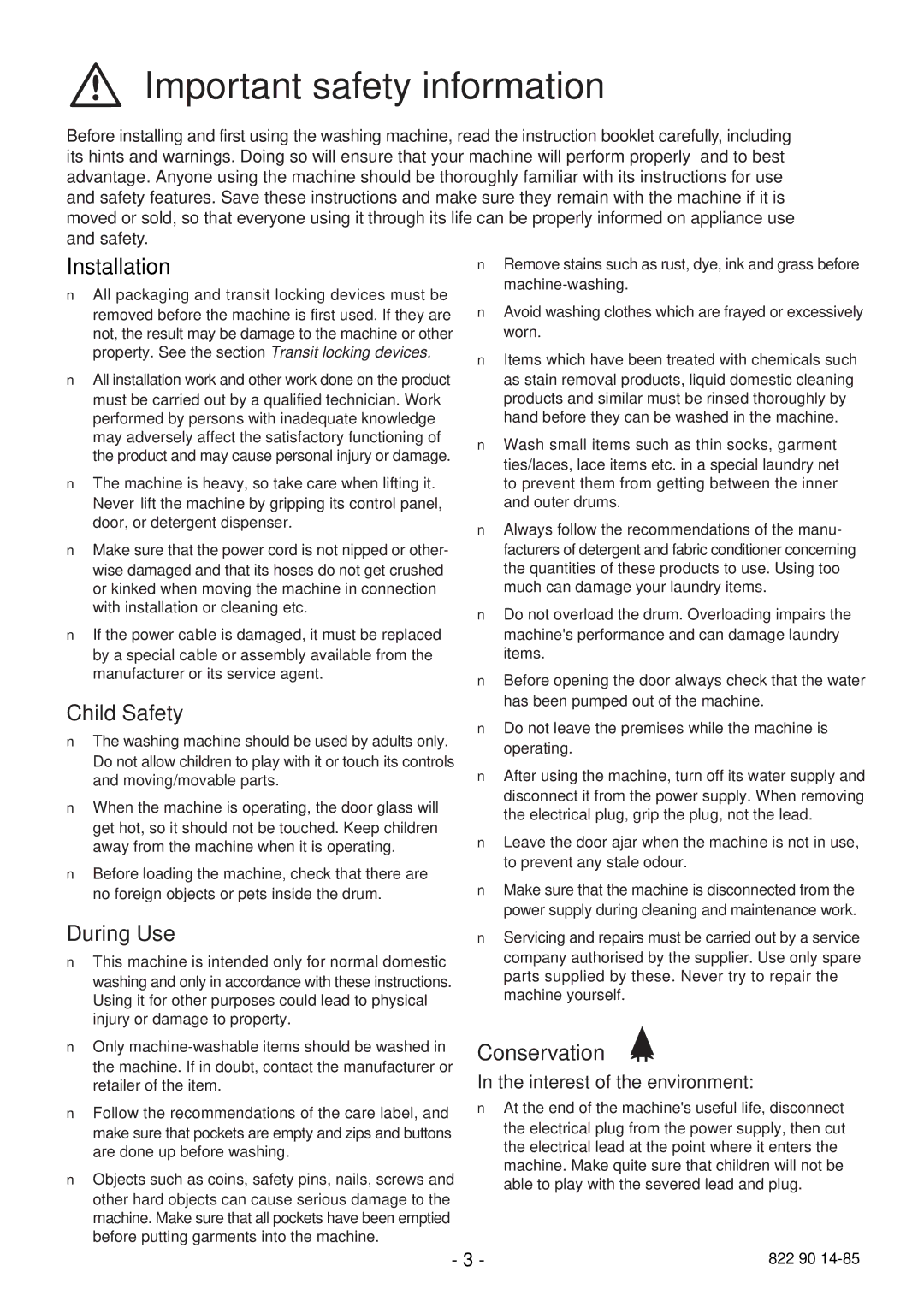 Zanussi FC 1200W manual Important safety information, Installation, Child Safety, During Use, Conservation 