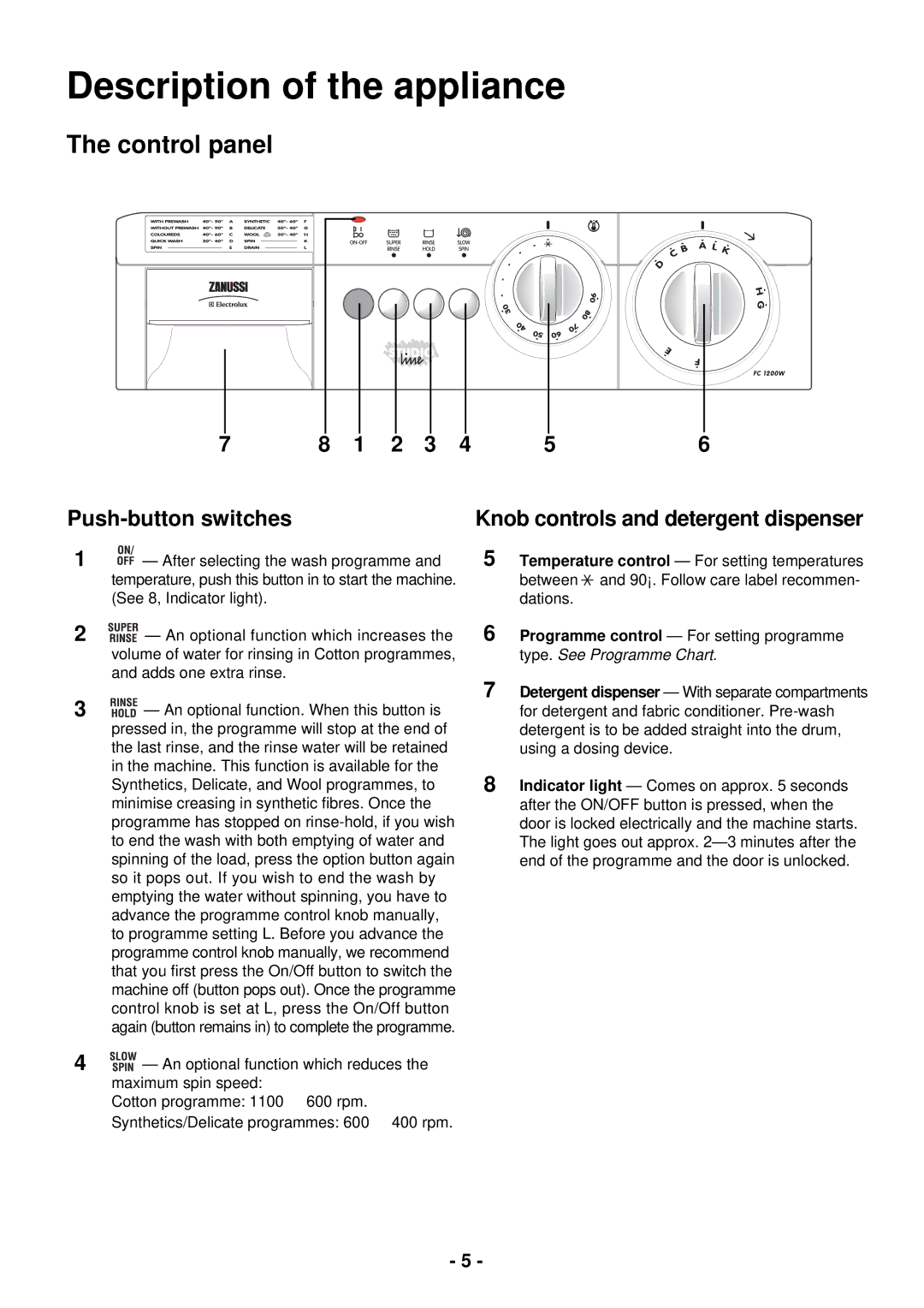 Zanussi FC 1200W manual Push-button switches, Knob controls and detergent dispenser 