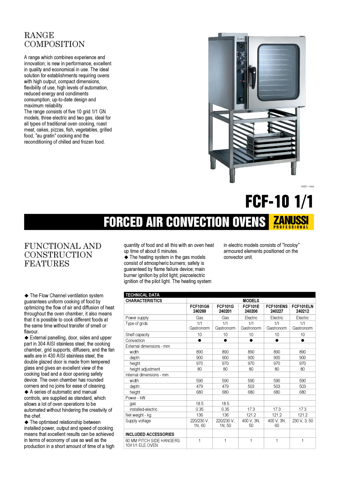 Zanussi 240227, FCF-10 1/1, 240201, 240269, 240206, 240212 dimensions Technical Data, Characteristics, Included Accessories 