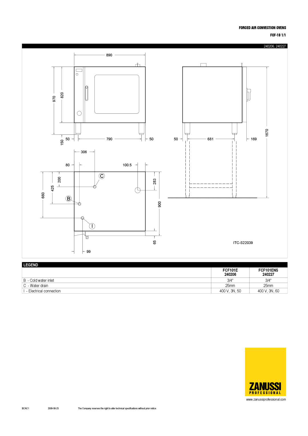 Zanussi FCF-10 1/1, 240201, 240269, 240212, FCF101ELN, FCF101G6, FCF101ENS dimensions 240206 240227 