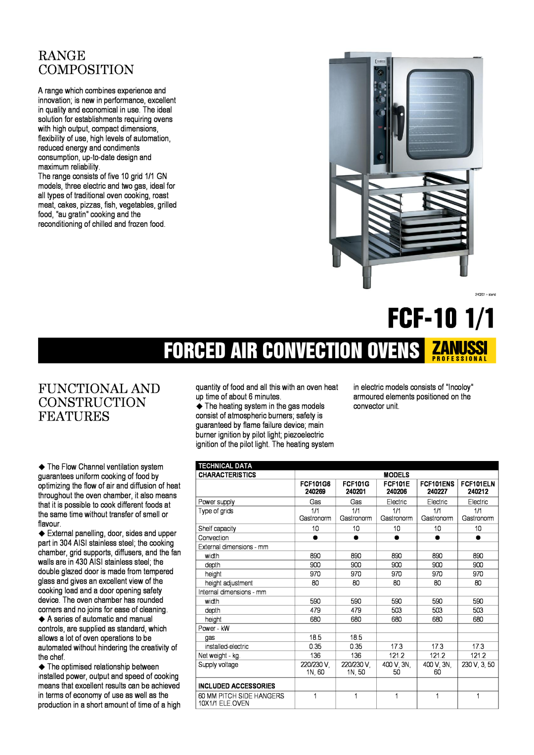 Zanussi 240227, FCF-10 1/1, 240201, 240269 dimensions FCF-101/1, Range Composition, Functional And Construction Features 