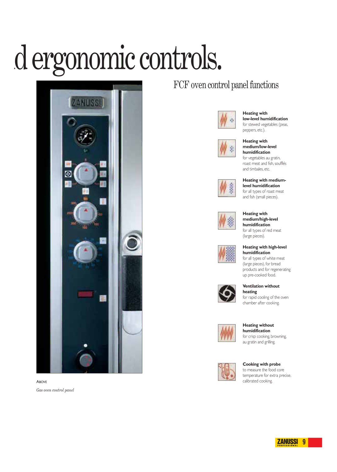 Zanussi FCF202G, FCF101E, FCF101G, FCF61E, FCF201G, FCF202E, FCF102G manual Ergonomic controls, FCF oven control panel functions 