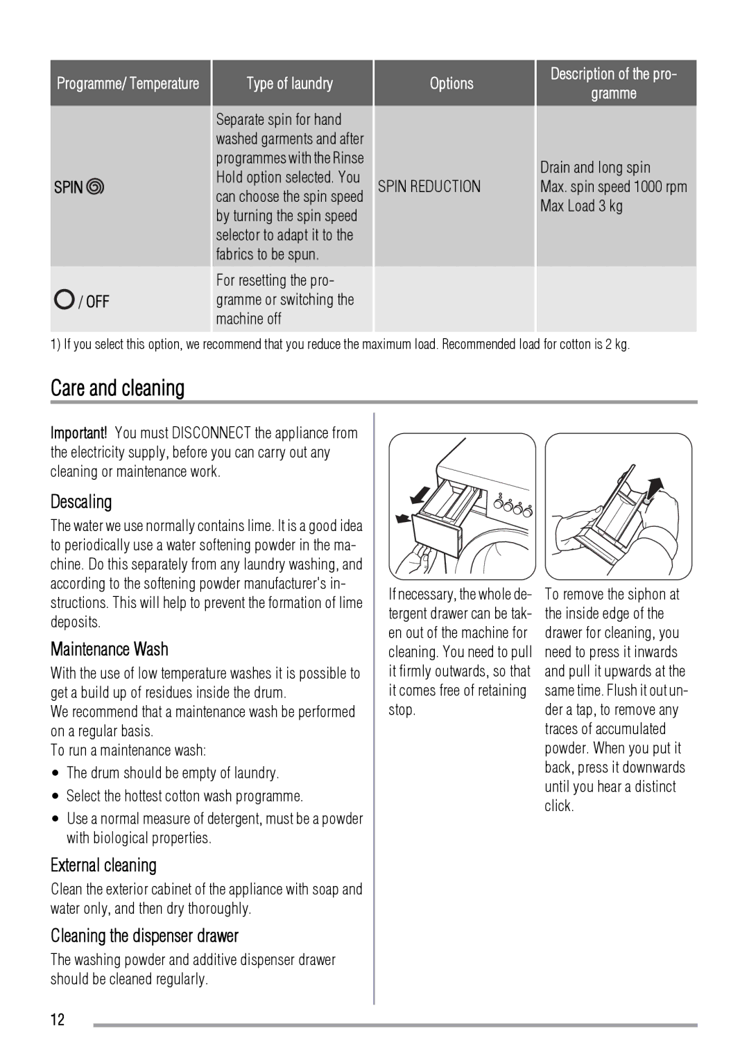 Zanussi FCS 1020 C Care and cleaning, Descaling, Maintenance Wash, External cleaning, Cleaning the dispenser drawer 