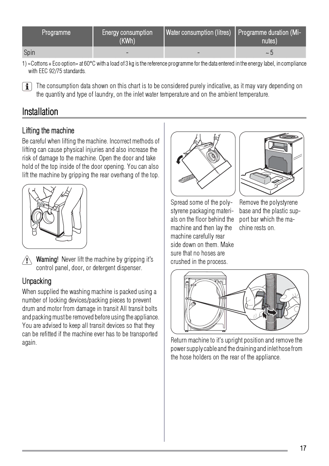 Zanussi FCS 1020 C user manual Installation, Lifting the machine, Unpacking, Spin 